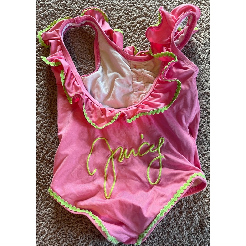 Juicy Couture Baby Girls Pink Neon Green Ruffle One Piece Swimsuit 18/24M Logo